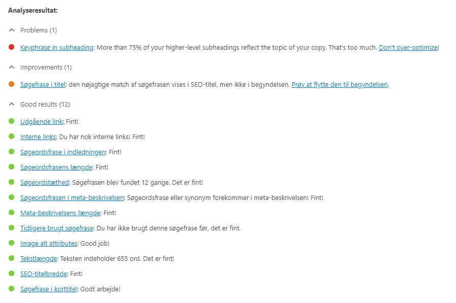 Yoasts analyseresultat giver dig gode råd om hvad du bør gøre og hjælper med google optimering